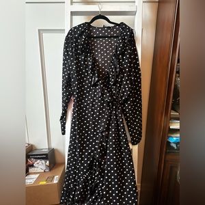 Black polka dot drill wrap dress